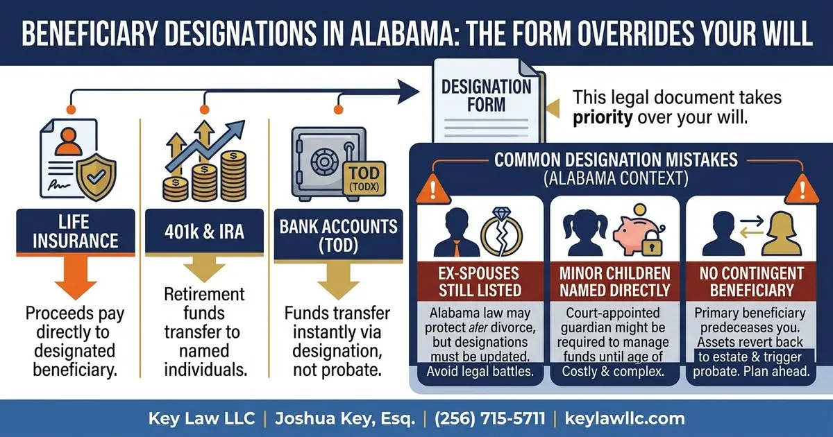 Alabama beneficiary designations override your will -- common mistakes and fixes, Key Law LLC