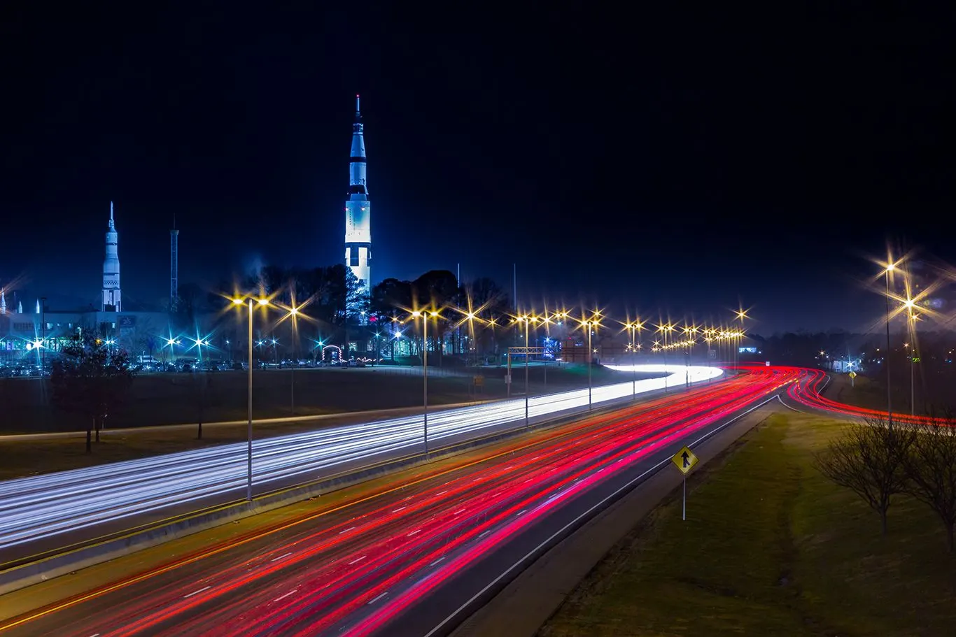 Huntsville, Alabama skyline with the Saturn V rocket at dusk